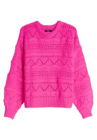 Sweter dzianinowy w kolorze fuksji z okrągłym dekoltem, zdobiony wzorem diamentów i jodełki, z prążkowanymi mankietami i fakturowanym wykończeniem.