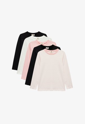 Sæt af fem langærmede t-shirts i sort, hvid og pink med prikke- og stribet mønster. Blødt stof og rund halsudskæring.