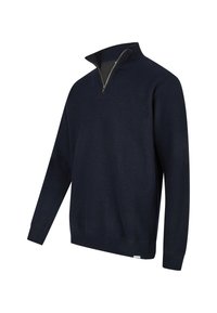 Marineblauer Pullover mit einem Viertelreißverschluss, langen Ärmeln, gerippten Säumen und einem gerippten Bund; aus weichem, strukturiertem Stoff gefertigt.