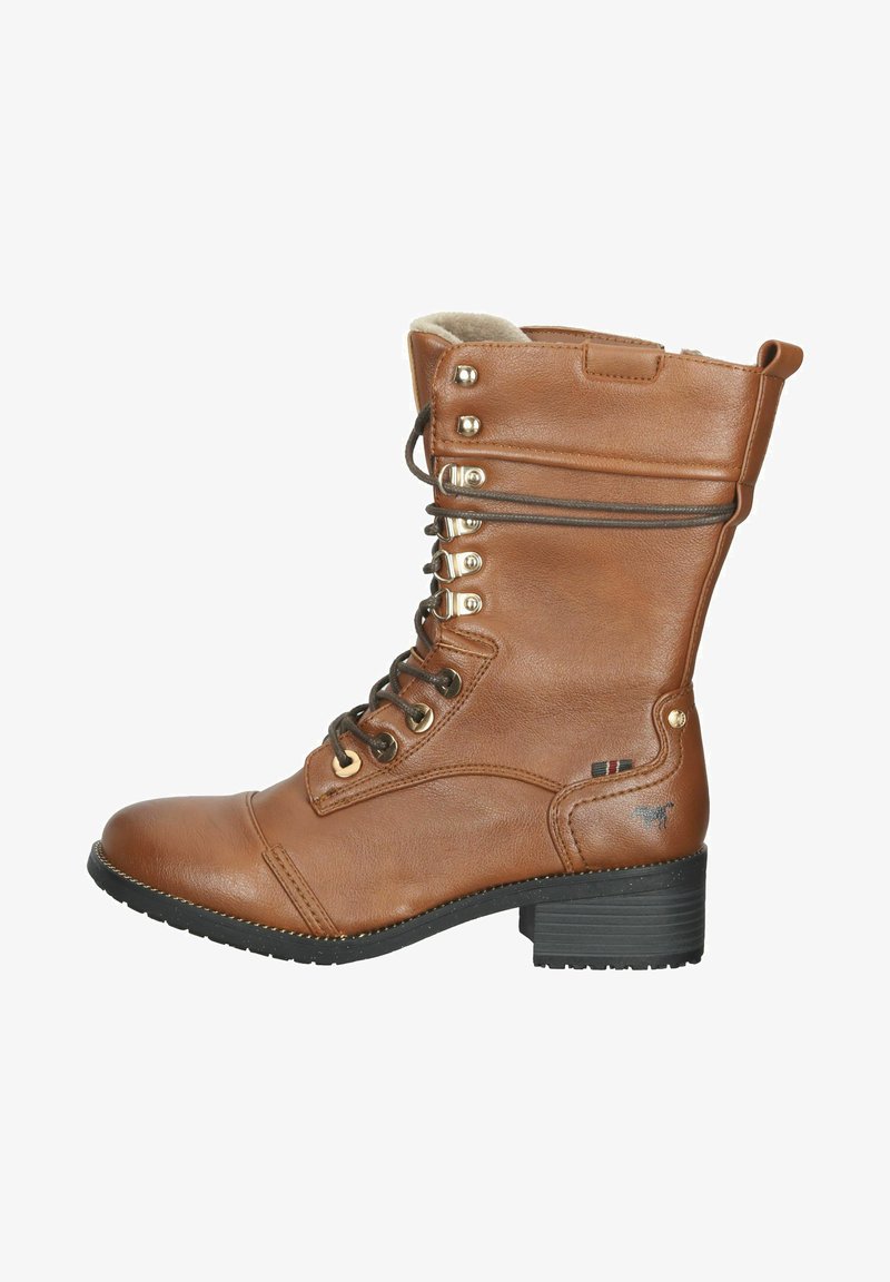 Brązowy skórzany but z wiązaniem, złotymi detalami i teksturowanym wykończeniem. Posiada blokowy obcas i przytulne futro w środku.