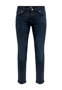 Mörkblå denimjeans med slimmad passform, femfickorsdesign och knäppning. Har subtila slitningar och en smidig yta.