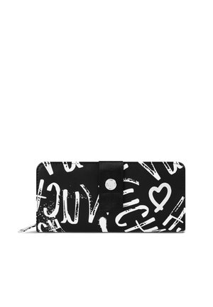 Black wallet with white graphic text and heart patterns. Features a snap closure and a smooth texture. Compact rectangular shape.