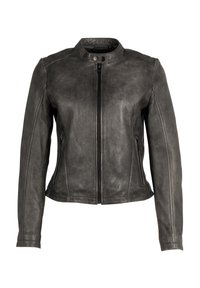 Lederjacke in Dunkelgrau mit Stehkragen, Frontreißverschluss und zwei seitlichen Taschen. Verfügt über eine glatte, leicht strukturierte Oberfläche.