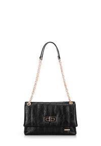 Black quilted leather handbag with a gold chain strap, featuring a rectangular clasp and a small logo accent on the front.