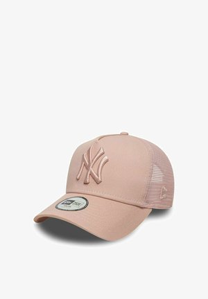 Roze mesh New York Yankees baseballpet met gebogen klep en logo geborduurd op het voorpaneel.