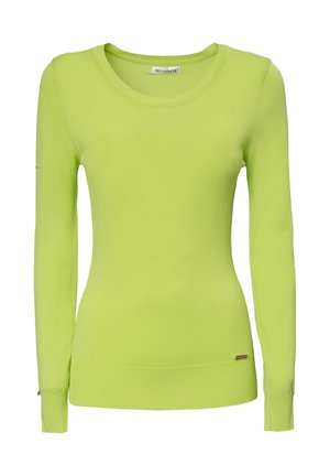 Langermige trui met ronde hals in fel limoengroen. Gemaakt van zachte stof met geribbelde accenten bij de mouwen en de zoom. Klein logo detail bij de taille.