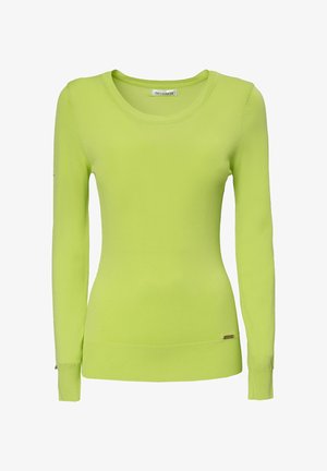 Langermige trui met ronde hals in fel limoengroen. Gemaakt van zachte stof met geribbelde accenten bij de mouwen en de zoom. Klein logo detail bij de taille.