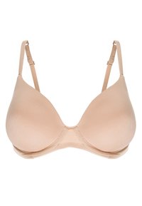 Beige draadloze bh met een gladde textuur, voorgevormde cups, verstelbare banden en een subtiele glansafwerking. Eenvoudig en minimalistisch ontwerp.