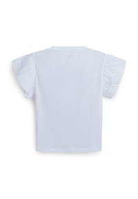 Top corto azzurro chiaro a maniche corte con maniche arricciate, scollatura tonda e texture liscia. Design semplice e senza decorazioni, adatto per un look casual.