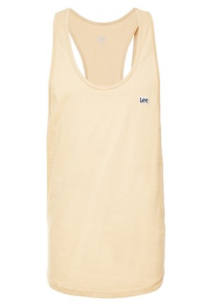 Top in tessuto morbido di un beige chiaro. Presenta un collo a giro e un design a spalle scoperte. Piccolo logo blu "Lee" sulla parte anteriore.