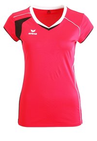 Červené sportovní tričko s krátkým rukávem, výstřihem do V, s bílými a černými akcenty, vyrobené z hladké, lehké tkaniny, ideální pro sportovní aktivity.
