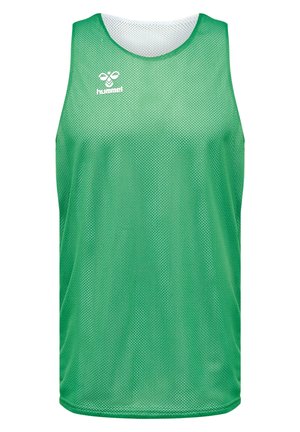 Groene sporttanktop van netstof met een ronde halslijn. Voorzien van een wit logo op de borst en een losse pasvorm voor ademend vermogen en comfort.