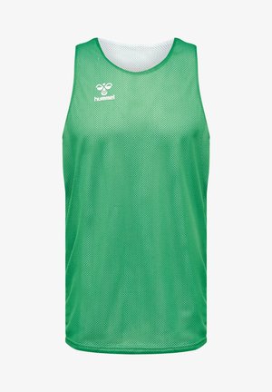 Top in rete sportivo verde con collo rotondo. Presenta un logo bianco sul petto e una vestibilità ampia per traspirabilità e comfort.