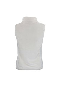 Gilet en polar blanc avec un col haut, design sans manches et texture lisse. Aucun matériel ou embellissement visible.