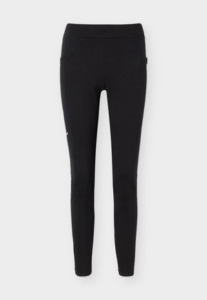 Colanți negri lungime completă cu panouri texturate pe șolduri și părți laterale, talie înaltă, croială slim proiectată pentru îmbrăcăminte sportivă.