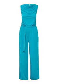 Combinaison turquoise avec un col bénitier, des jambes larges et une ceinture nouée à la taille. Fabriquée dans un tissu lisse avec un design fluide et sans motif.