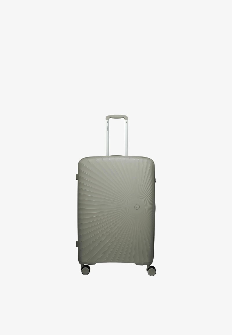 Valise rigide gris clair avec motif en rayons de soleil, poignée rétractable déployée et quatre roulettes visibles à la base.
