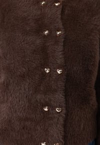 Pruun kunstkarusnahast jakk, millel on südamekujulised kuldsed nööbid ees. Pehme tekstuur ja luksuslik välimus, rõhutatud detailidele keskendumisega.