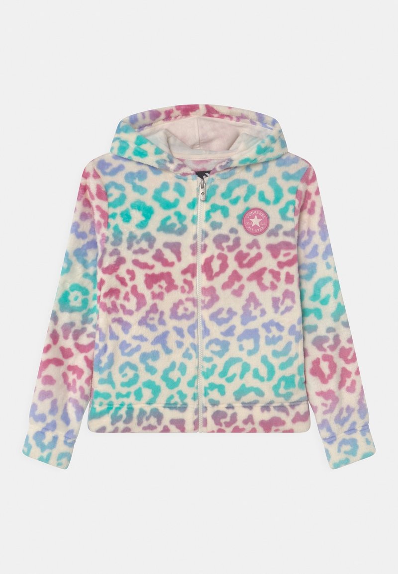 Polarowa bluza z kapturem z zamkiem, z wielokolorowym nadrukiem w panterkę w odcieniach różu, niebieskiego i fioletowego. Zawiera kieszeń z przodu oraz kaptur.