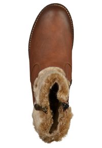 Bottine en cuir marron avec un bout rond, un col en fourrure et des détails de bouton décoratif. Dotée d'une semelle cousue pour une durabilité accrue.