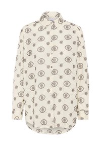 Langärmliges Button-Down-Hemd aus cremefarbenem Stoff mit kreisförmigen und floralen braunen Mustern, mit Kragen und gewelltem Saum.