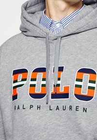 Person klädd i en grå huvtröja med flerfärgad "POLO"-text och "RALPH LAUREN" nedanför, över en blå och vit randig skjorta med krage.