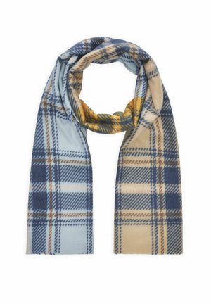 Longue écharpe douce avec motif à carreaux bleu, beige et jaune, bouclée de façon lâche avec les deux extrémités pendantes.