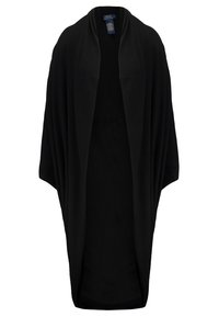 Svart kimonostil cardigan tillverkad av mjukt tyg. Har vida ärmar och en öppen front utan stängningar, vilket ger en avslappnad passform.