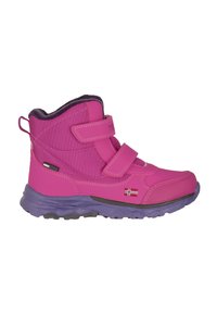 Pink waterproof boot with velcro straps, textured fabric, and rubber sole. Features a Norwegian flag detail and purple accents on the sole.