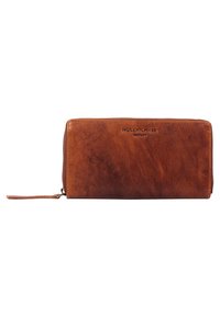 Brown leather wallet with a smooth texture, rectangular shape, zipper closure, and embossed logo "HOLZRICHITER BERLIN" on the front.