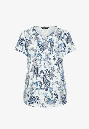 Witte korte mouwen V-hals blouse met blauw-zwart paisley- en bloemenprint patroon.