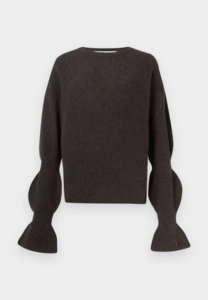 Donkerbruin gebreid sweater met een ronde hals, ballonmouwen en een ribbelstructuur. Heeft een cropped ontwerp en subtiele doorzichtigheid.