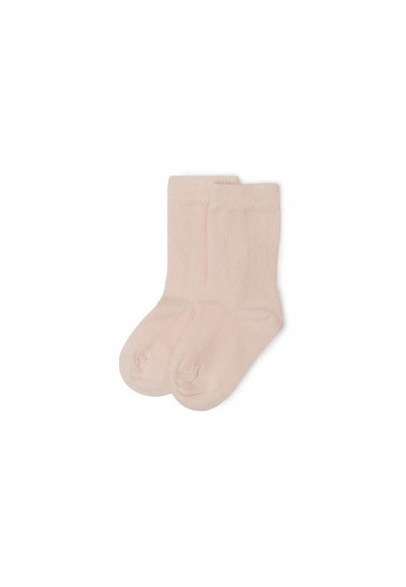 Lys pink bomuldsstrømper med ribbede manchetter, glat tekstur og rund tå-design. En simpel, ensfarvet farve uden mønstre eller accenter.