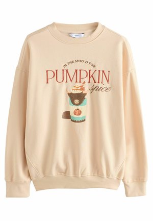 Beige sweatshirt made of soft fabric featuring a printed graphic of a coffee cup with a pumpkin and text reading "IN THE MOO-D FOR PUMPKIN spice."