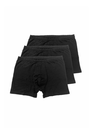 Tre boxer in cotone nero impilati, con vista frontale con elastici in vita e cuciture piatte.