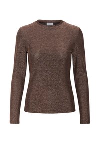 Brown long-sleeve top made of shiny, textured fabric with a round neckline. Features a fitted design and subtle shimmer throughout.