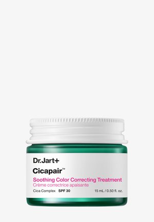 Liten grønn krukke med Dr.Jart+ Cicapair Beroligende fargekorrigerende behandling med SPF 30, 15 ml, hvit lokk og etikettekst.