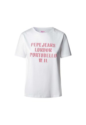 Balta medvilnės marškinėlių su raudonu iškilmingu užrašu: "PEPE JEANS LONDON PORTOBELLO W.11." Klasikinis apvalus kaklas ir trumpomis rankovėmis.