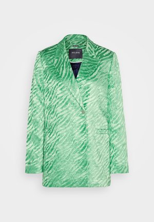 Green zebra-print blazer jacket, textured fabric, notched collar, single button closure, two front pockets, modern tailored shape.