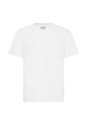 White cotton t-shirt with a round neckline, short sleeves, and a left chest pocket. Smooth texture and standard fit.