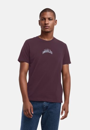 Burgundy cotton t-shirt with short sleeves features a printed "L.O.S. ANGELES" design in light gray across the chest. Simple, crew neck style.