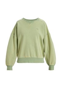 Light green sweatshirt with a ribbed neckline and cuffs, features a subtle v-shaped stitch and a small heart logo on the front.