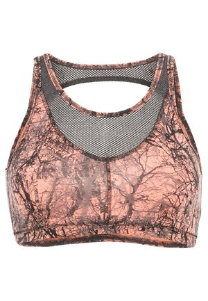 Sport-BH mit pink-schwarzem abstraktem Baumzweigmuster, mit schwarzem Mesh-Einsatz am Ausschnitt und Rückenausschnitt.