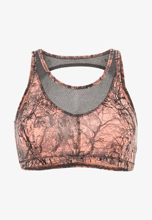 Stanik sportowy z różowym i czarnym abstrakcyjnym wzorem gałęzi drzewa, z czarnym panelem z siateczki przy dekolcie i wycięciem na plecach.