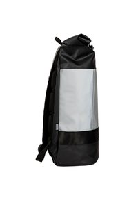 Roll-top backpack with black and gray waterproof fabric, side mesh pocket, padded back, and adjustable straps for comfort and support.