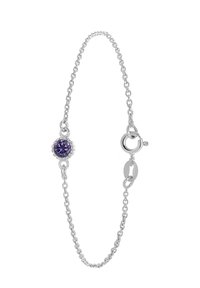 Zilveren kettingarmband met een ronde, paarse edelsteen in een decoratieve setting. Voorzien van een karabijnsluiting voor een veilige sluiting.