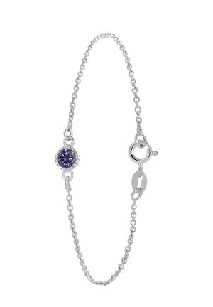 Silver chain bracelet featuring a round, purple gemstone set in a decorative casing. Includes a lobster clasp for secure fastening.