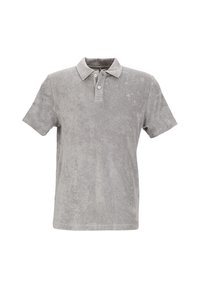 Graues Poloshirt aus Frottee mit kurzen Ärmeln, Kragen und zwei Kn�öpfen. Weiche Textur mit einem dezenten Muster. Lässiges Design.