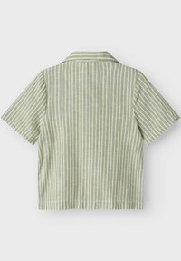 Camicia a maniche corte di colore verde chiaro con strisce verticali bianche. Presenta un colletto a punta e un orlo dritto. Tessuto leggero e con texture.