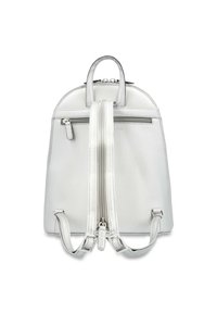 Silver leather backpack with two shoulder straps, rounded top, front zip pocket, and dual zipper closure along the center. Smooth texture.